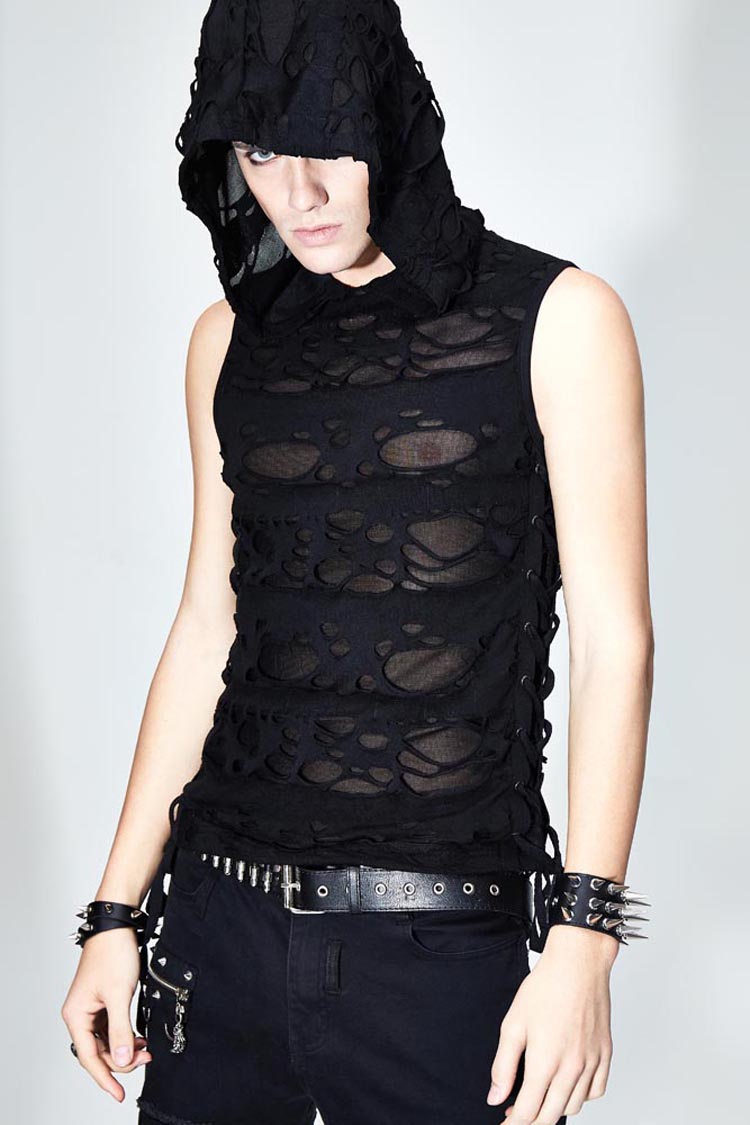 Black Sleeveless Ripped Side Ribbons Lace-Up Hooded Men's Punk T-Shirt - Product - 2
