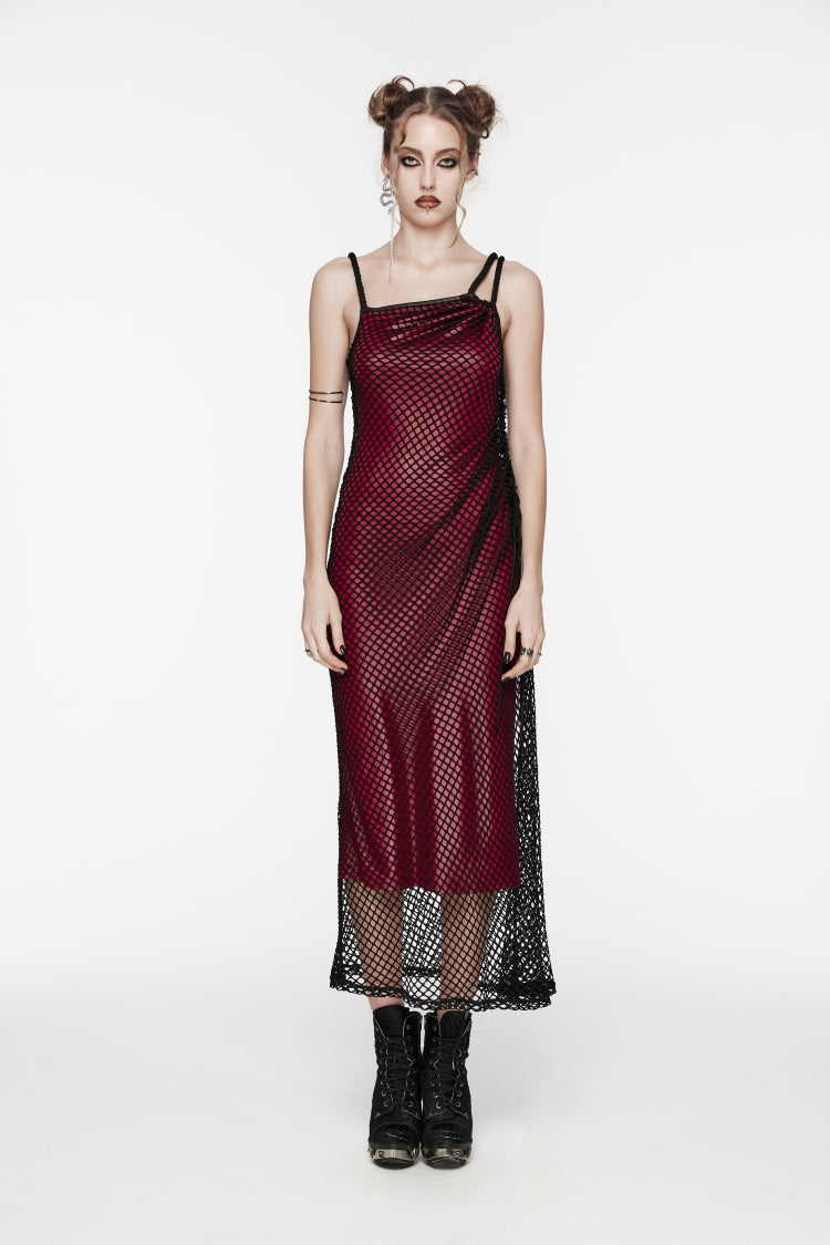 Red Off Shoulder Spliced Slim Mesh Strappy Eyelet Women's Gothic Jsk Dress - Product - 4
