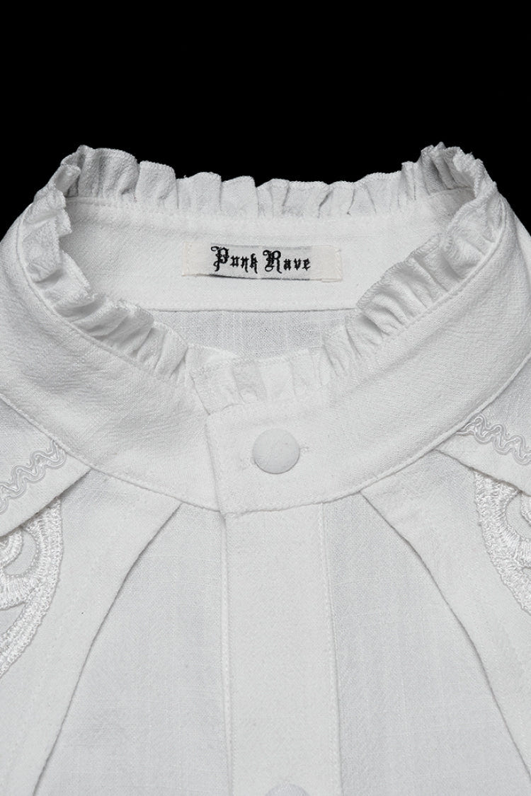 White Stand Collar Long Lantern Sleeves Floral Jacquard Men's Gothic Blouse - Product - 6
