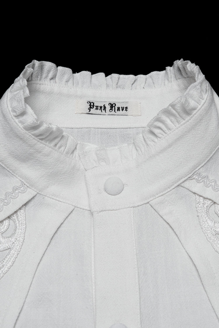 White Stand Collar Long Lantern Sleeves Floral Jacquard Men's Gothic Blouse - Product - 6
