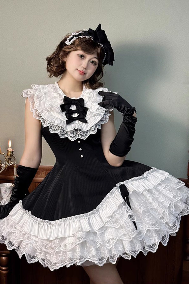 Black/White [Miss Tsundere] Sleeveless Multi-Layered Ruffle Bowknot Lace Asymmetric Sweet Princess Lolita Dress - Product - 6