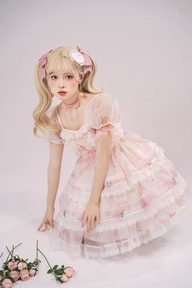 Pink Chiffon Organza Short Sleeves Multi-layer Peach Print Sweet Lolita Jsk Dress - Product - 7