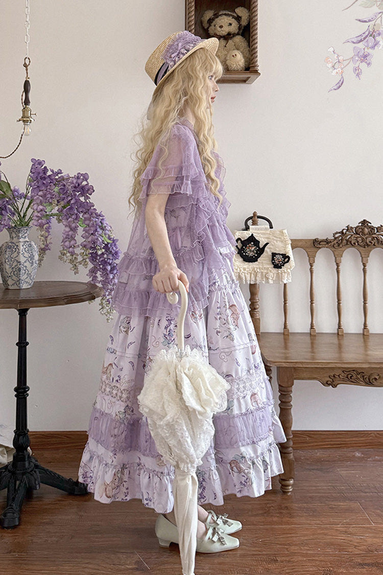 Purple [Pea Squirrel] Sleeveless Multi-Layered Pastoral Print Ruffle Embroidery Lace Sweet Elegant Lolita Jsk Dress - Product - 5