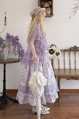Purple [Pea Squirrel] Sleeveless Multi-Layered Pastoral Print Ruffle Embroidery Lace Sweet Elegant Lolita Jsk Dress - Product - 5