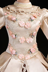 Champagne Multi-Layer Hime Sleeves High Waisted Hollow Embroidery Three-Dimensional Flower Print Victorian Lolita Prom Dress - Product - 5