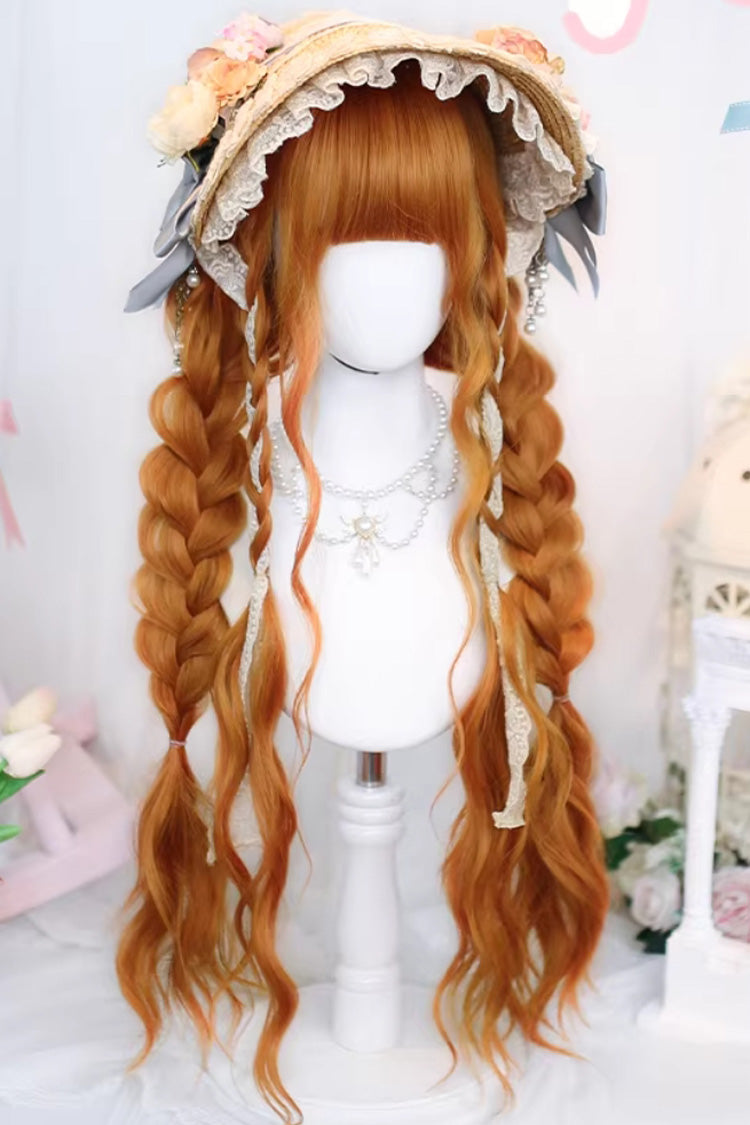 Orange Brown Long Wavy Wig Blunt Bangs Sweet Daily Lolita - Product - 4