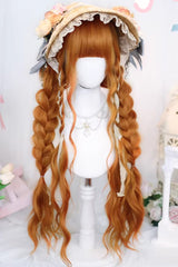 Orange Brown Long Wavy Wig Blunt Bangs Sweet Daily Lolita - Product - 4