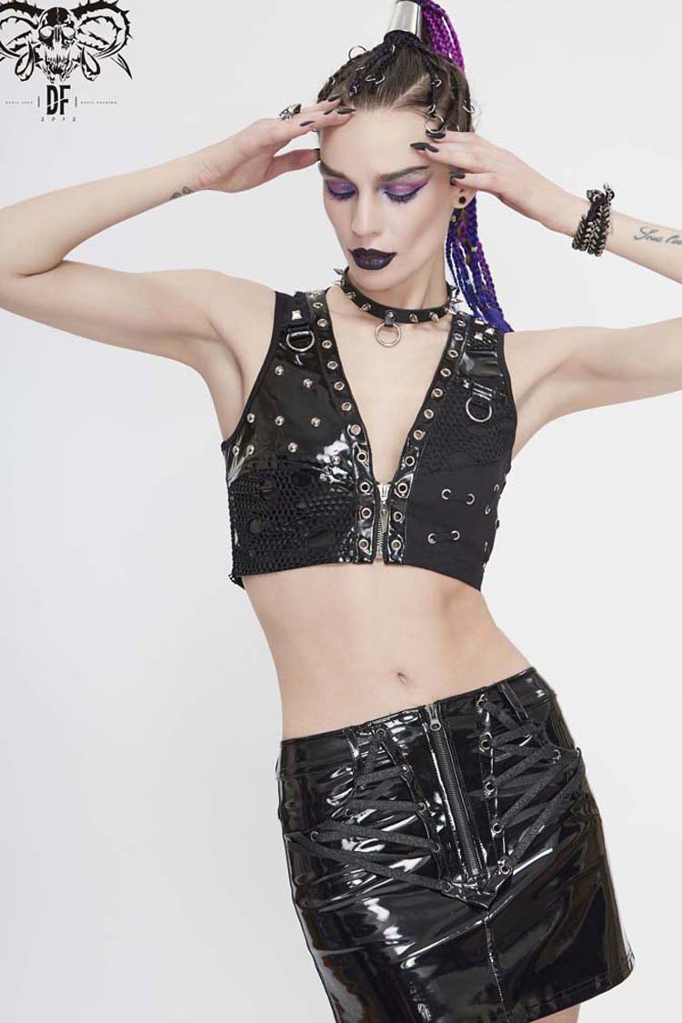 Black Short Leather Splice Mesh Asymmetrical Heavy Metal Decoration Women's Punk Waistcoat - Product - 3