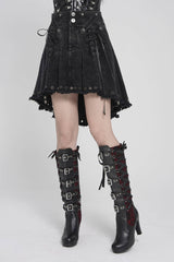 Black Lace-Up Pleated Eyelet Women's Punk Skirt - Black - 3
