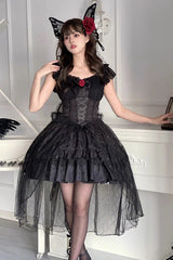 Black Short Sleeves Ruffle Rose Bowknot Elegant Princess Gothic Lolita Tiered Dress - Black - 1