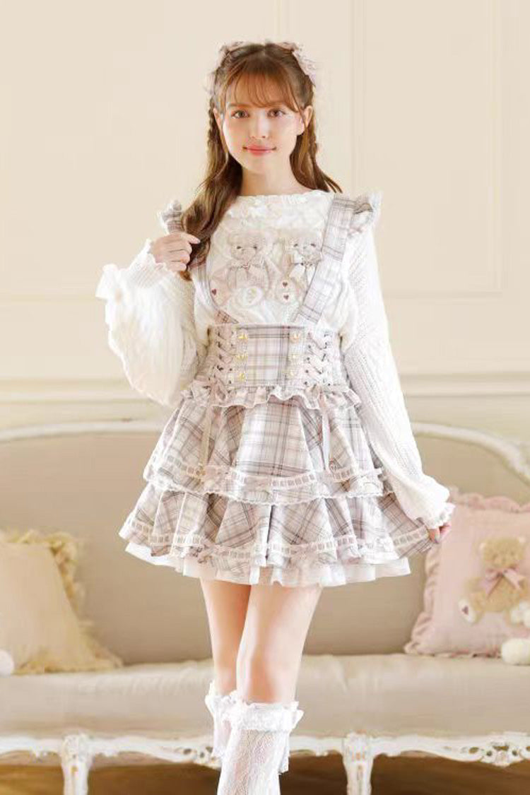Sweet Jirai Kei High Waisted Triple-Layered Print Ruffle Bowknot Lace-Up Japanese Strap Dress 3 Colors - Pink - 1