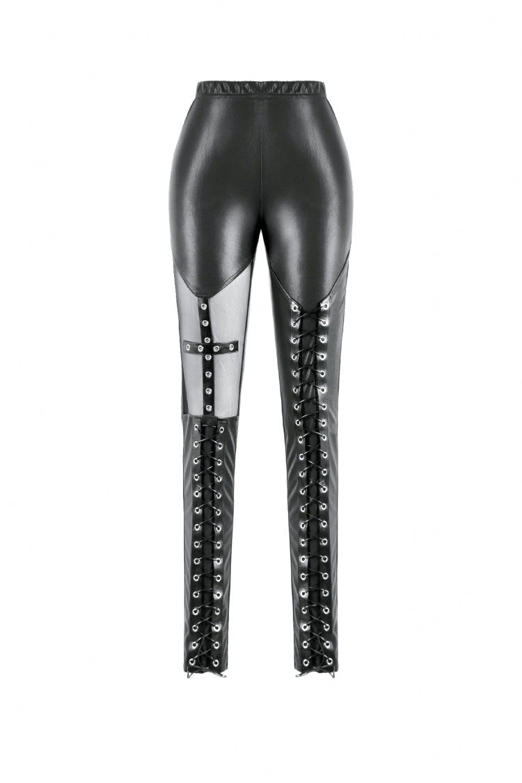 Black Cross Lace-Up PU Sheer Mesh Women's Gothic Punk Pants - Product - 3