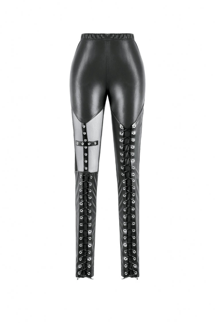 Black Cross Lace-Up PU Sheer Mesh Women's Gothic Punk Pants - Product - 3