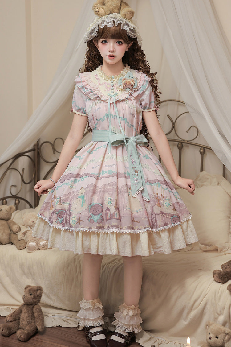 Pink [Brown Dollhouse] Short Sleeves Bear Printed Ruffled Bow Sweet Lolita Dress Set - Pink(Set) - 1
