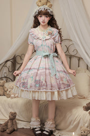 Pink [Brown Dollhouse] Short Sleeves Bear Printed Ruffled Bow Sweet Lolita Dress Set - Pink(Set) - 1
