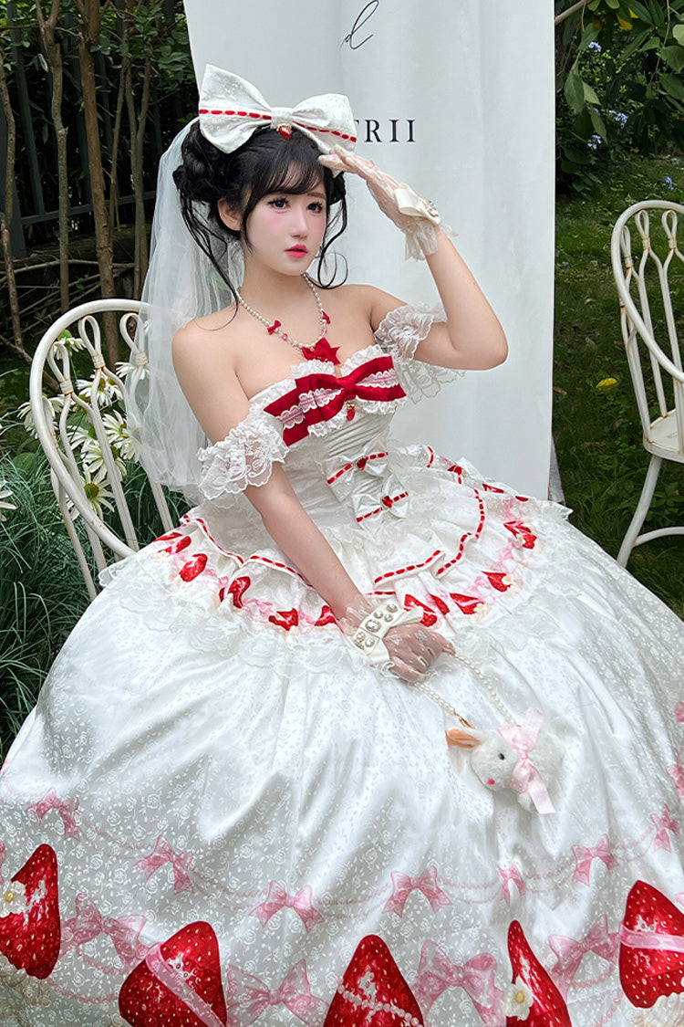 White [True Love Strawberry] Print Off Shoulder Sleeveless Ruffle Bowknot Lace Sweet Princess Lolita Dress Set - Product - 10