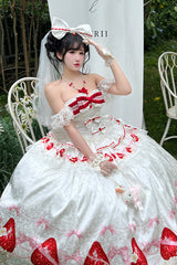 White [True Love Strawberry] Print Off Shoulder Sleeveless Ruffle Bowknot Lace Sweet Princess Lolita Dress Set - Product - 10
