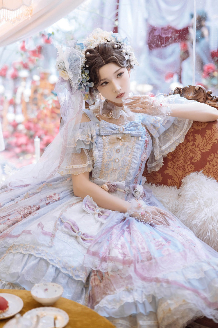 Blue [Moonlight Melody] Off Shoulder Sleeveless Multi-Layered Hanayome Open-Front Bow Lace Sweet Gorgeous Lolita Jsk Dress Set - Product - 6