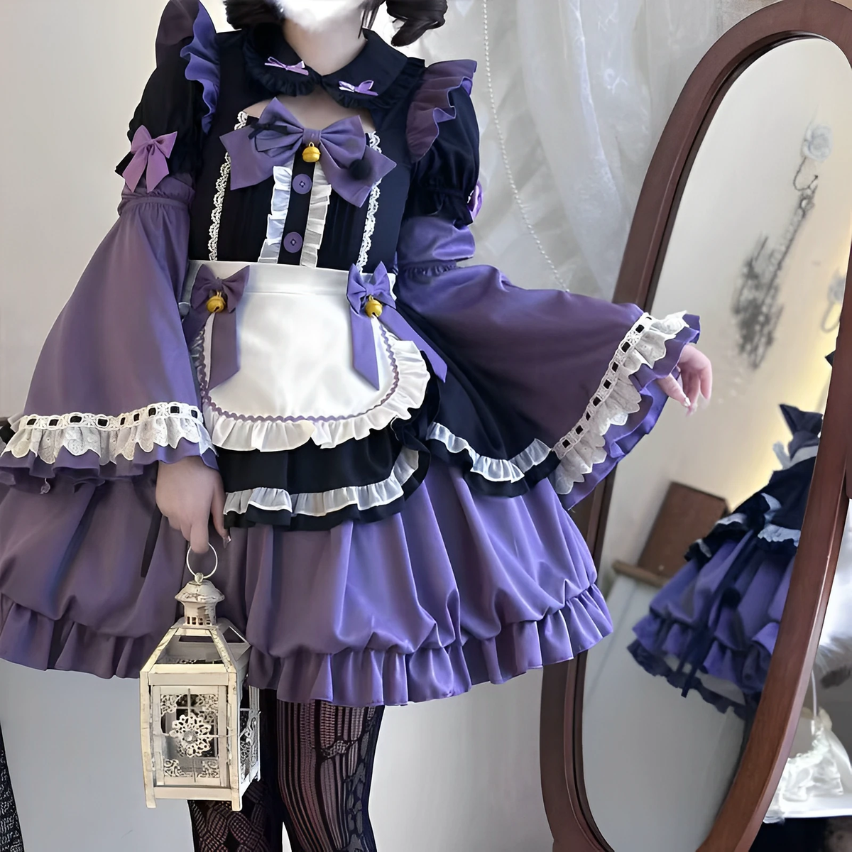 Purple and Black Lace Gothic Maid Lolita Dress Set with Bell Bows - view 5