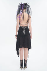 Black Irregular Pattern Wool Metal Chain Halter Neck Backless Women's Punk Dress - Product - 5