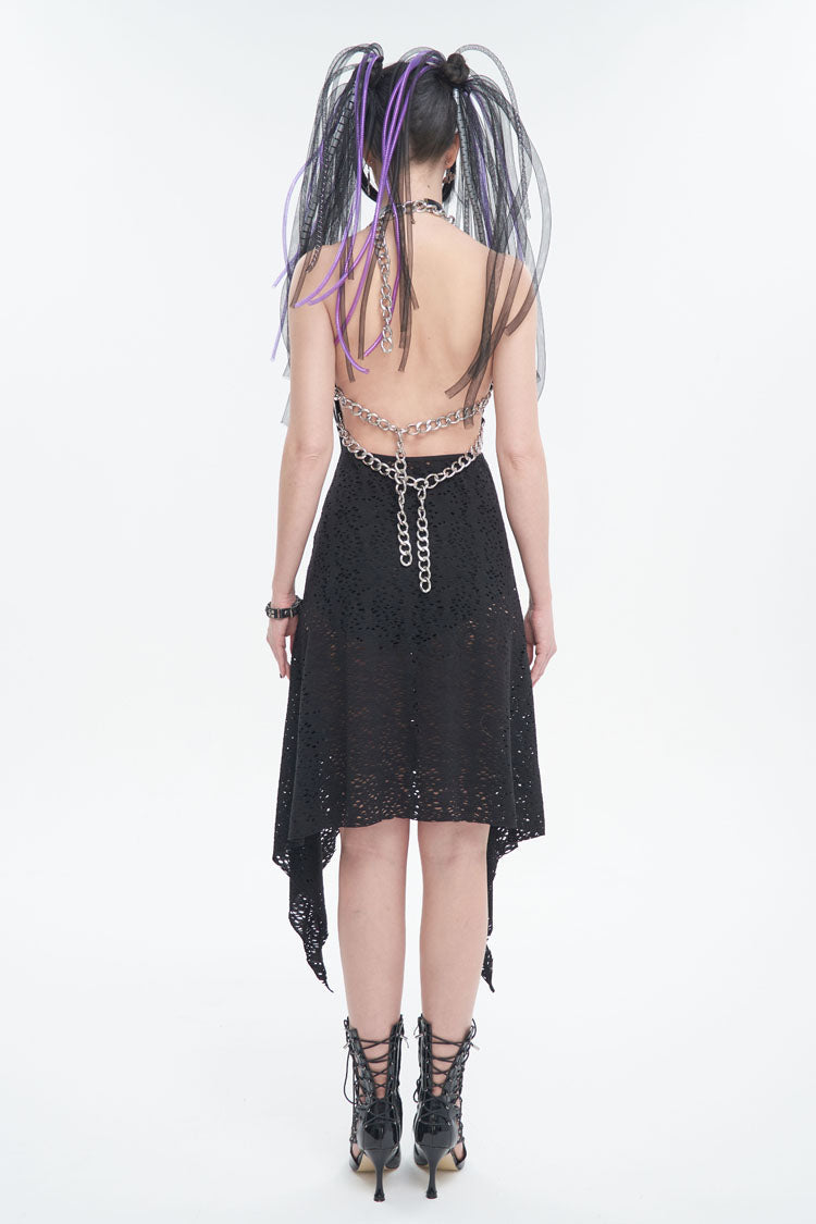 Black Irregular Pattern Wool Metal Chain Halter Neck Backless Women's Punk Dress - Product - 5