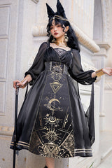 Black [Nightmare of Horus] Print Ruffle Hot Stamping Gothic Gorgeous Lolita Jsk Short Dress - Product - 7