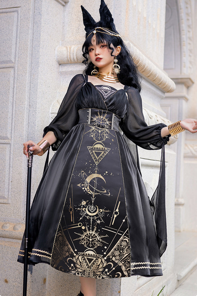 Black [Nightmare of Horus] Print Ruffle Hot Stamping Gothic Gorgeous Lolita Jsk Short Dress - Product - 7