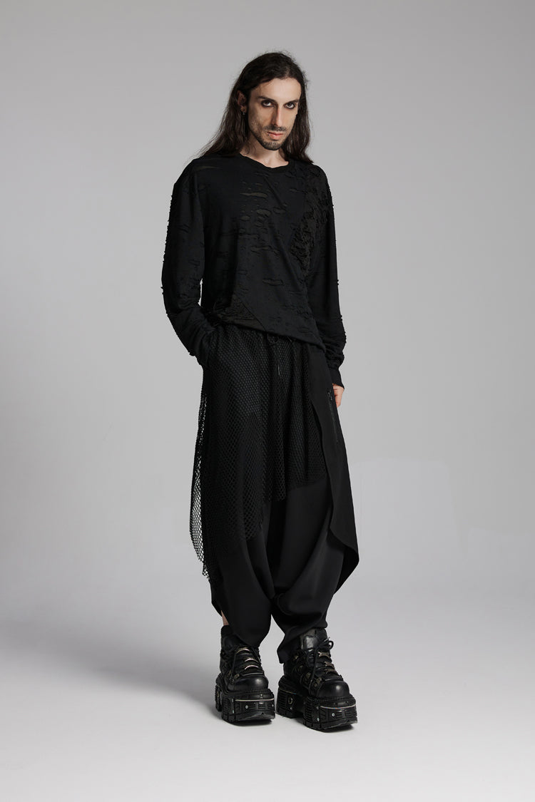 Black Round Collar Long Sleeves Ripped Mesh Men's Punk T-Shirt - Product - 3