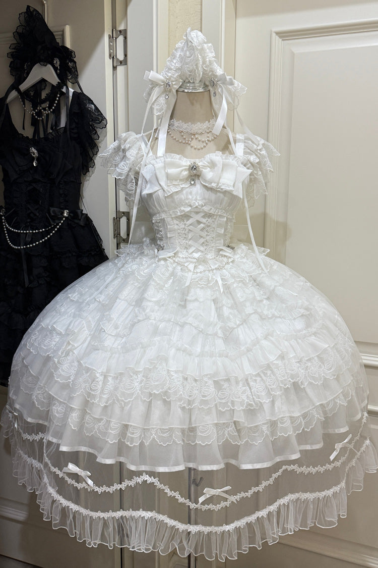 White [Eternal Vow] Sleeveless Multi-Layered Ruffle Hanayome Bowknot Lace Lace-Up Sweet Lolita Jsk Dress - Product - 3