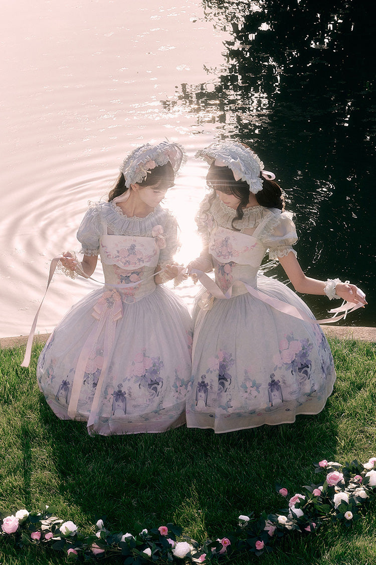 [Morning Dew Rose] Square Collar Flutter Sleeves Printed Embroidered Bow Sweet Chinese Inspired Lolita Jsk Dress 2 Colors (Blue, Green) - Product - 7