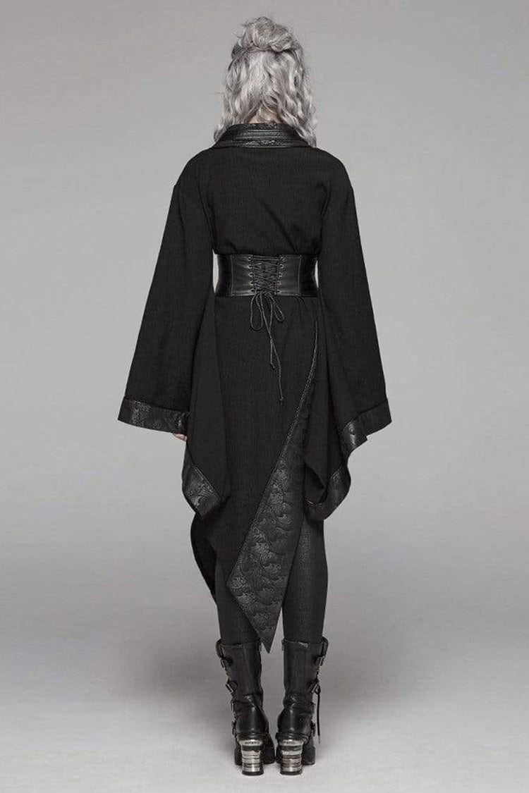Black V Neck Metal Buckle Strap Waist Lace-Up Flare Sleeve Wave Printing Asymmetric Hem Kimono Women's Punk  Dress - Product - 4
