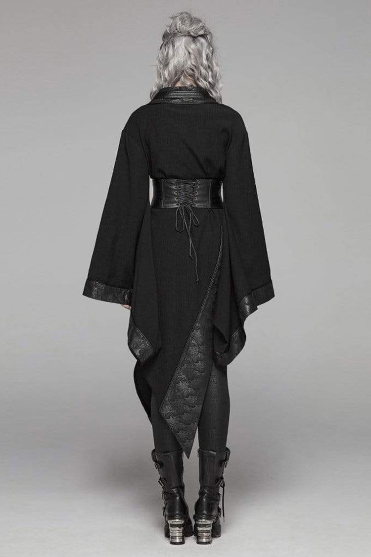 Black V Neck Metal Buckle Strap Waist Lace-Up Flare Sleeve Wave Printing Asymmetric Hem Kimono Women's Punk  Dress - Product - 4