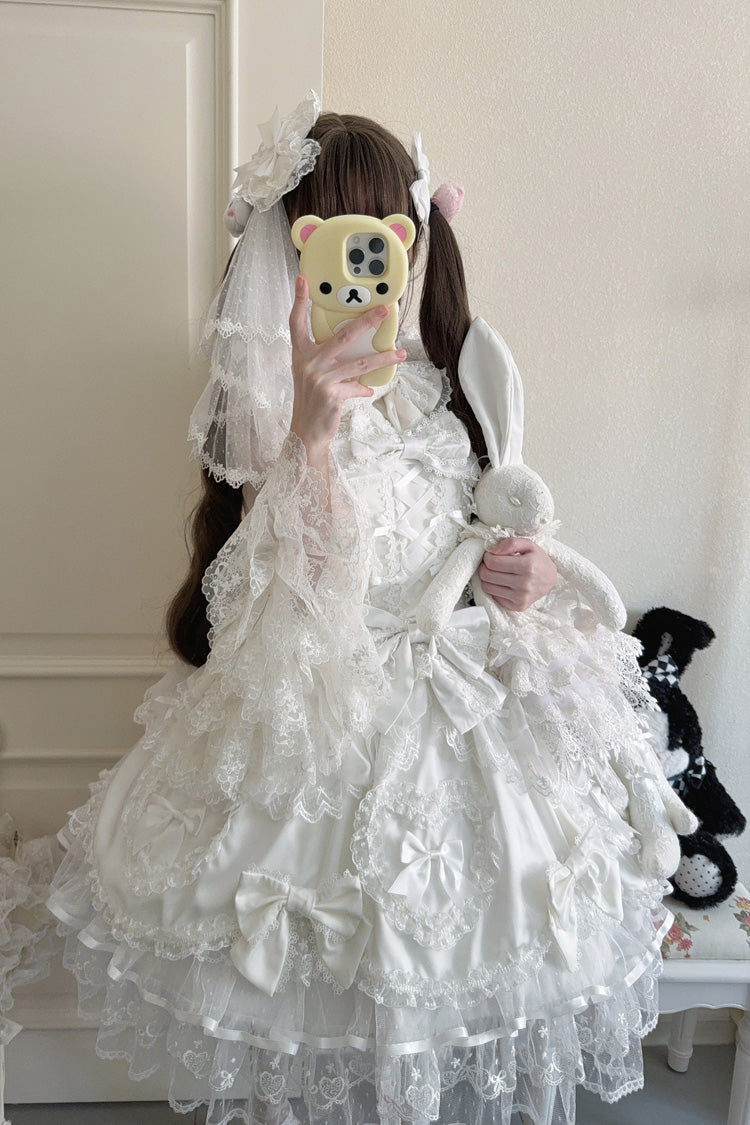 White [Sweetheart] Sleeveless Multi-Layered Embroidered Bow Lace Lace-Up Sweet Lolita Jsk Dress - Product - 4