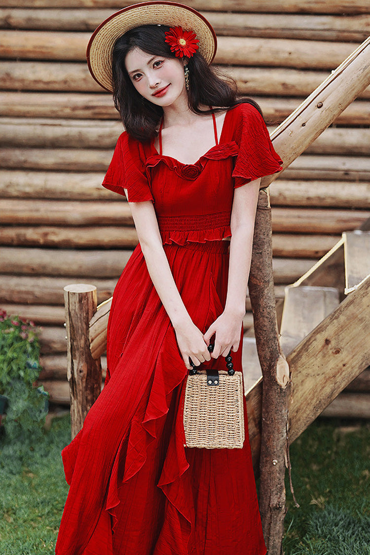 Red Square Collar Halterneck Short Sleeves High Waisted Ruffled Gothic Vintage Lolita Long Skirt Set - Product - 8