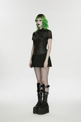 Black Lapel Collar Short Sleeves Lace-Up Mesh Eyelet Women's Punk Blouse - Product - 3