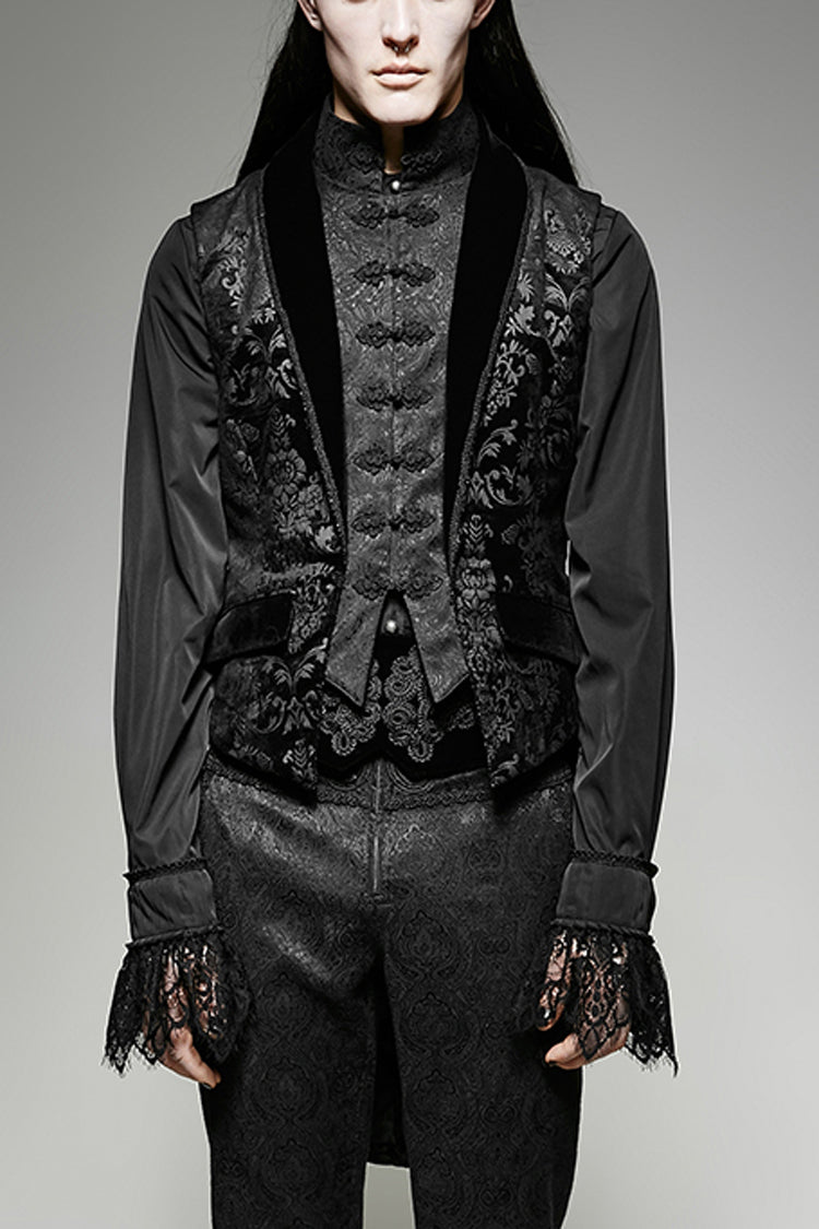 Black Victorian Swallow Tail Sleeveless Print Mens Gothic Vest - Black - 1