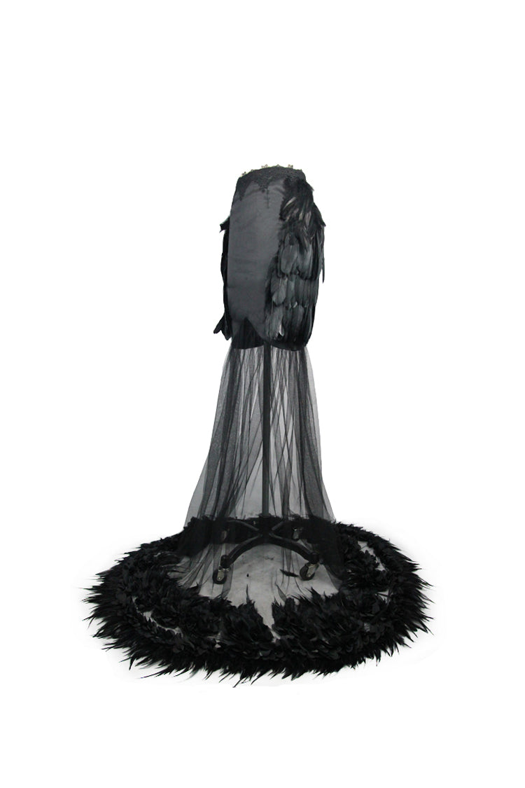 Black Mesh Fishtail Flower Feather Hem Long Satin Women's Gothic Skirt - Product - 7