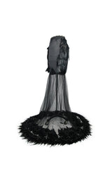 Black Mesh Fishtail Flower Feather Hem Long Satin Women's Gothic Skirt - Product - 7