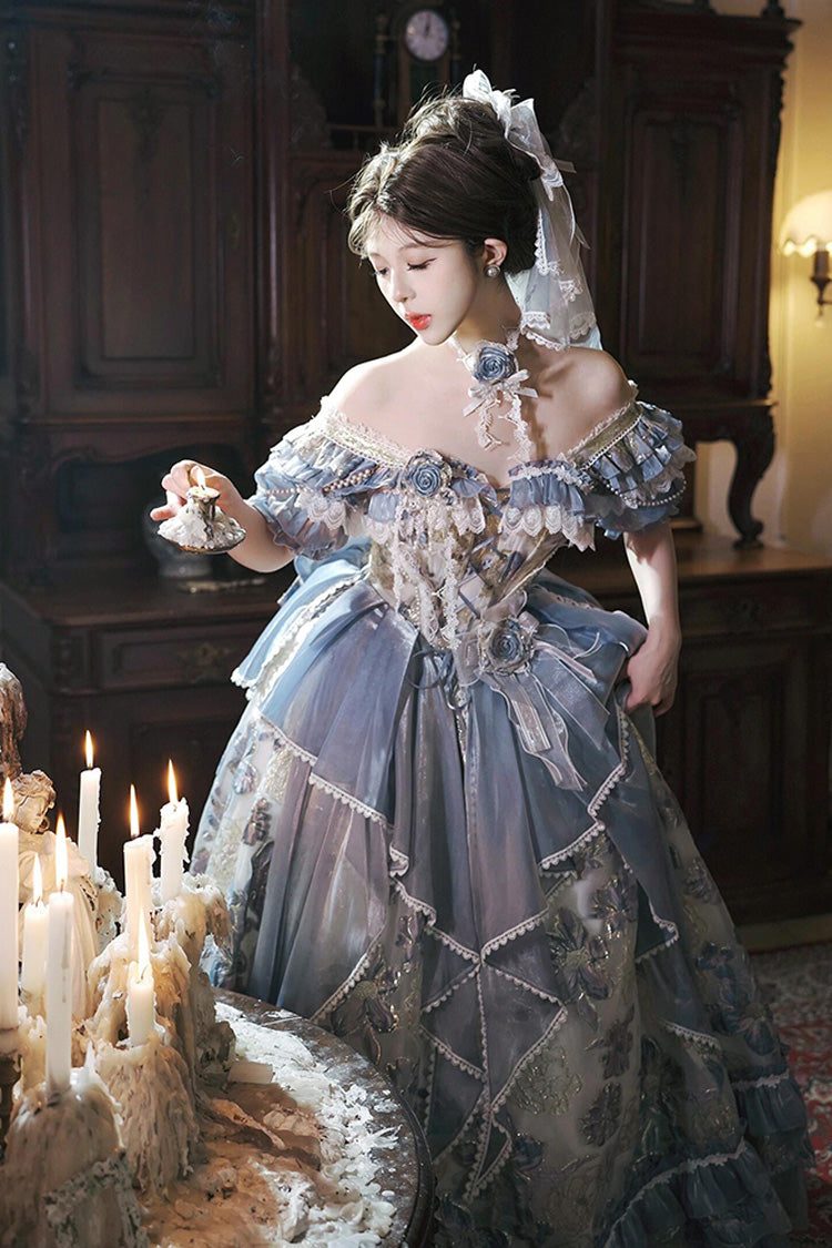 Blaues, schulterfreies Jacaranda-Kleid mit kurzen Ärmeln, bedruckt, mit Rüschen, bestickter Schleife, Schnürung, süße, elegante Prinzessin (Kleid einzeln), Detailansicht 3