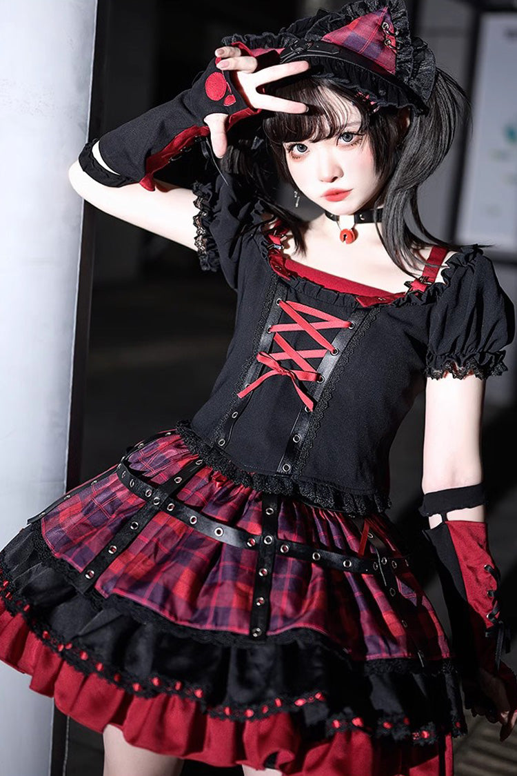 Black/Red Print Ruffle Lace-Up Gothic Japanese Princess Lolita Skirt Set - Black/Red - 1