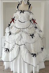 White [Cascade Poem] Sleeveless Multi-Layered Ruffle Hanayome Bowknot Lace Gothic Plus Size Gorgeous Lolita Jsk Long Dress - Product - 3