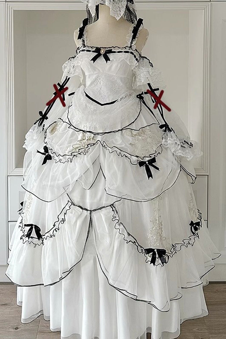 White [Cascade Poem] Sleeveless Multi-Layered Ruffle Hanayome Bowknot Lace Gothic Plus Size Gorgeous Lolita Jsk Long Dress - Product - 3