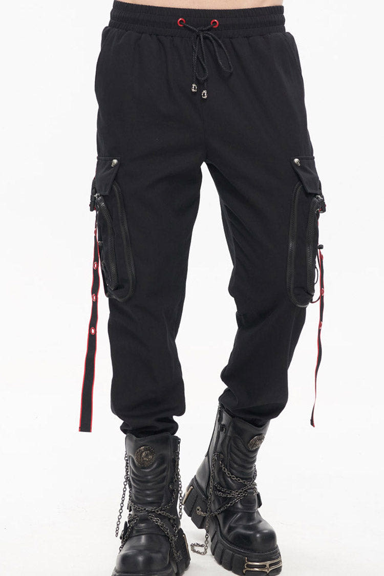 Black Punk Multi Pocket Webbing Decorative Drawstring Men's Long Pants - Black - 1
