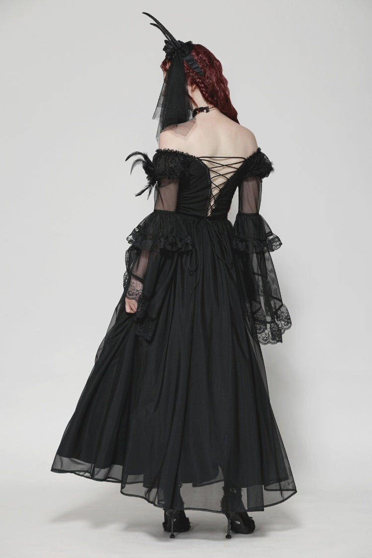 Black Off Shoulder Boat Neck Multi-Layered Long Trumpet Sleeves Lace Spliced Tulle Lace-Up Women's Gothic Fantasy Dress - Product - 4