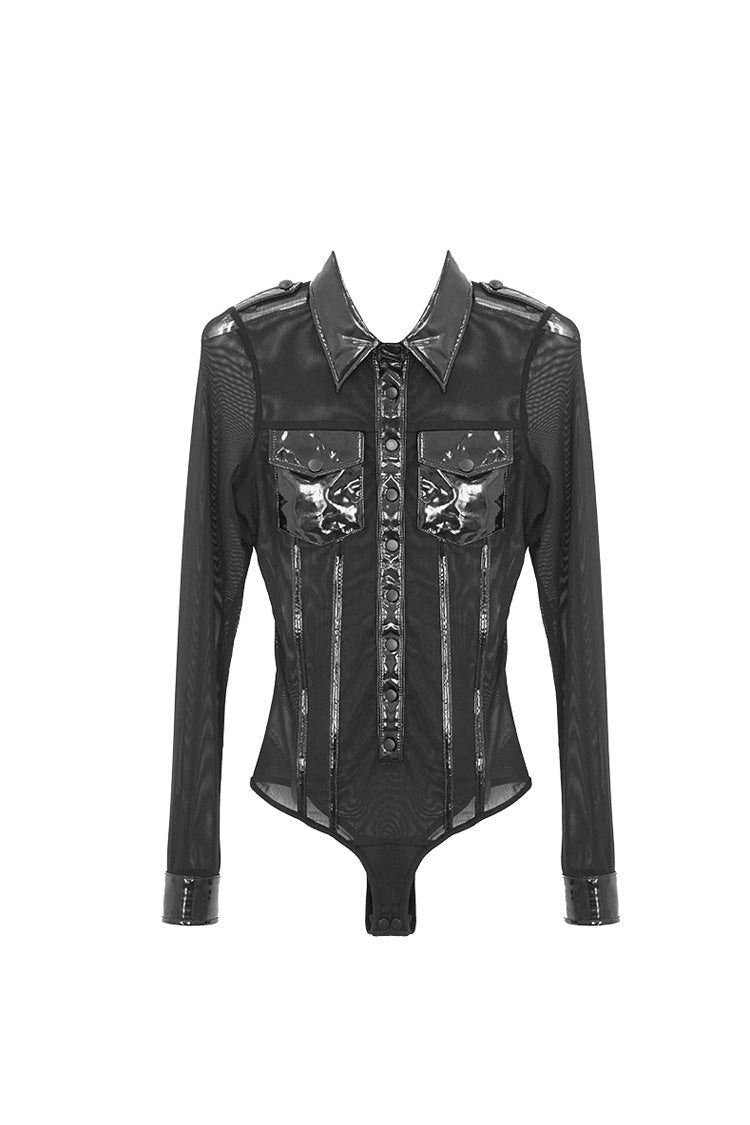 Black Patent Leather Mesh Spliced Long Sleeve Connecting Crotch Women's Punk T-Shirt - Product - 6