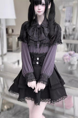 [Dark Moon Shadow] Long Sleeves Double-Layered Ruffled Embroidered Bow Lace-Up Gothic Jirai Kei Lolita Top + Skirt Set - Product - 2