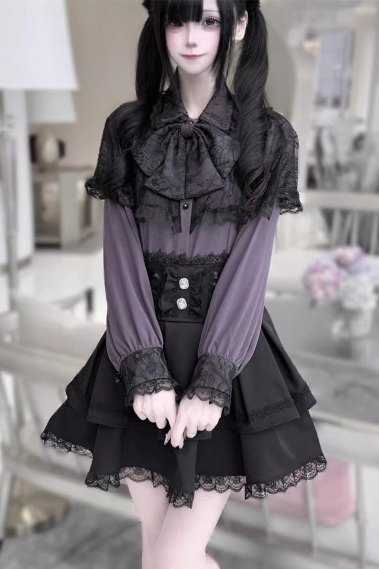 [Dark Moon Shadow] Long Sleeves Double-Layered Ruffled Embroidered Bow Lace-Up Gothic Jirai Kei Lolita Top + Skirt Set - Product - 2