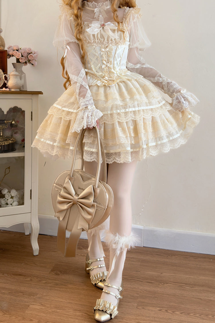 Apricot [Girl Love] Double-Layered Bowknot Lace Sweet Ballet Lolita Skirt Set - Product - 4