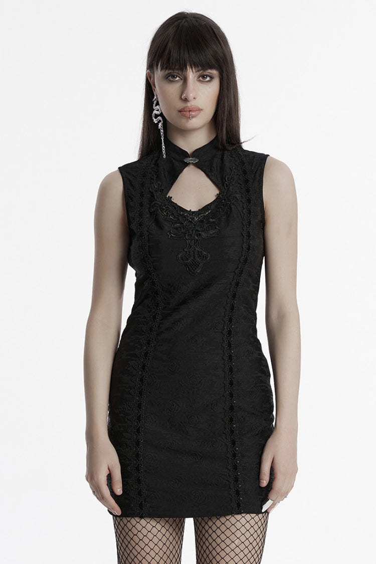 Black Cheongsam Collar Sleeveless Embroidery Women's Prom Dress - Black - 1