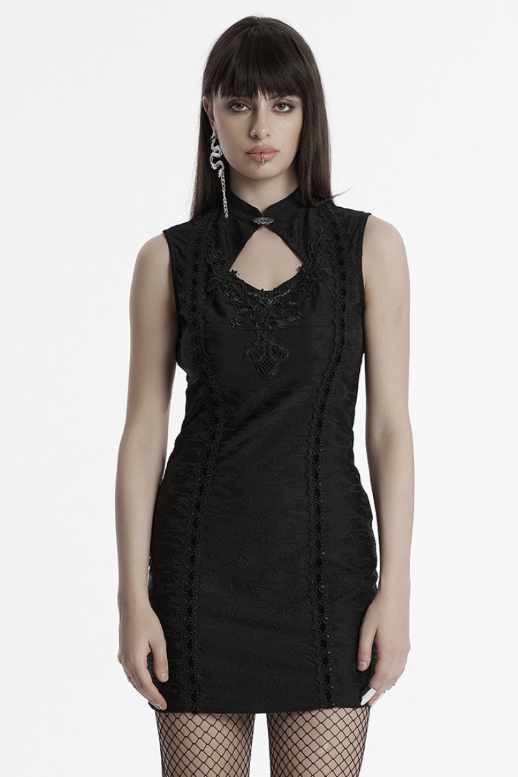 Black Cheongsam Collar Sleeveless Embroidery Women's Prom Dress - Black - 1
